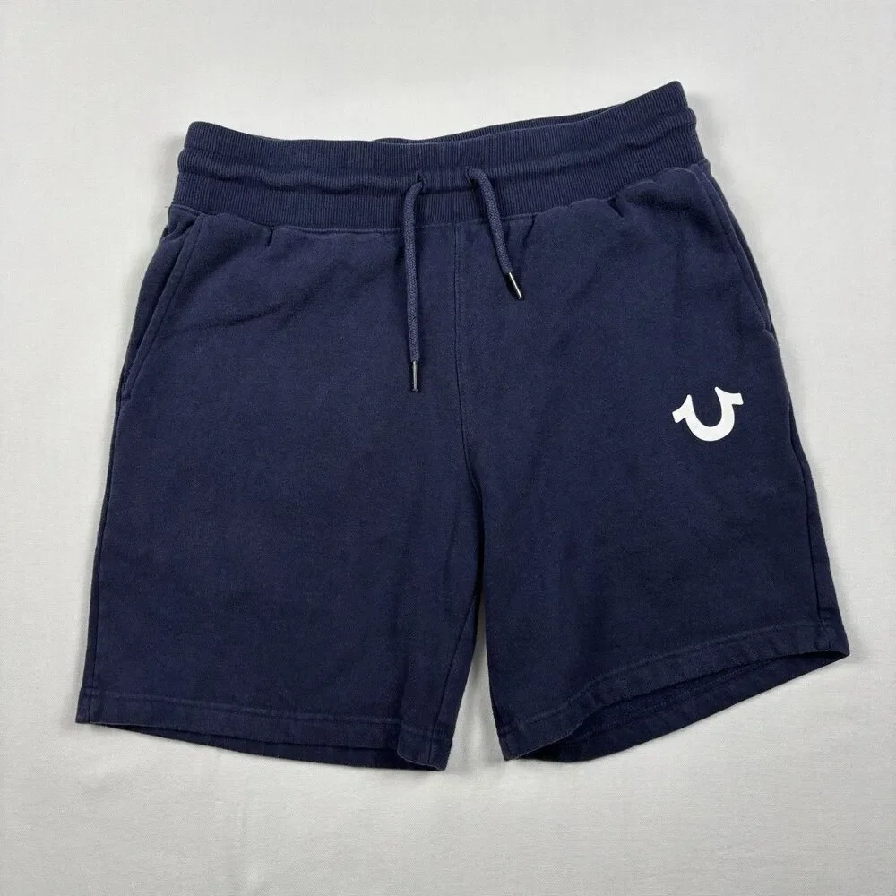 True Religion Frayed Sweat Shorts Navy Mens Size S Horseshoe Logo Drawstring